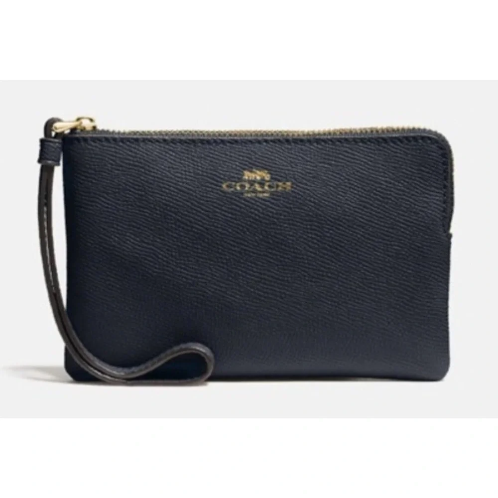 Coach F57465 Large Wristlet Midnight Navy Crossgrain Leather Gold Hardware NEW